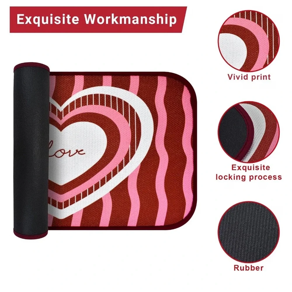 Valentines Day‎ Heart Love Floor Mat Red Pink Striped Rubber Backing Rug 17x29